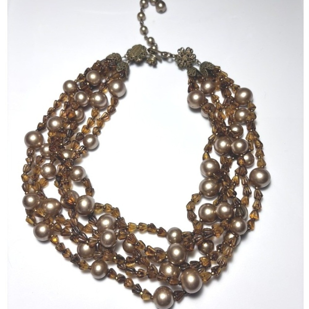 Vintage‎ Miriam Haskell 5-Strand Necklace Amber Glass Pearl Signed Designer 50s